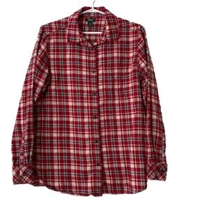 Roots red, white, grey and black plaid long sleeve button up shirt size M